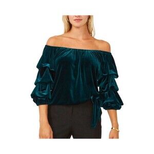 New MSK Womens Petite Small Green Velvet Stretch Top Bow 3/4 Sleeve OffShoulder